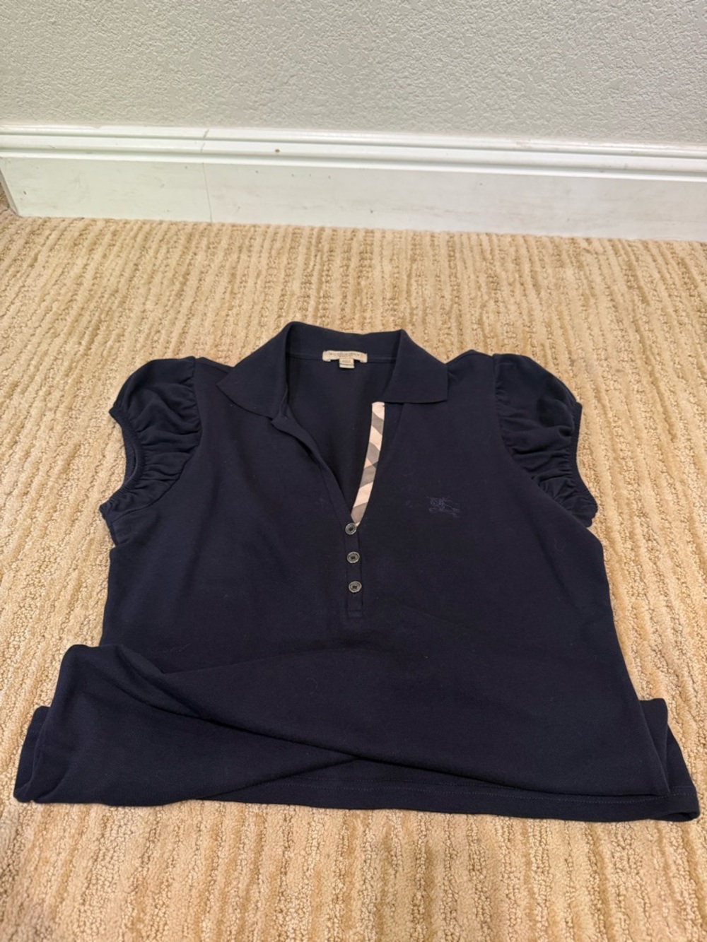 Burberry Navy Short-Sleeve Polo with Check Trim